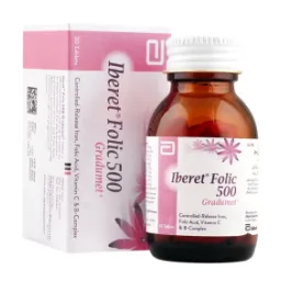 Iberet Folic-500 Gradumet Tablet 525 mg ferrous sulphate / 800 mcg folic acid / 500 mg vitamin C / 6 mg vitamin B1 / 6 mg vitamin B2 / 5 mg vitamin B6 / 25 mcg vitamin B12 / 30 mg nicotiamide / 10 mg calcium pantothenate 30 tablets